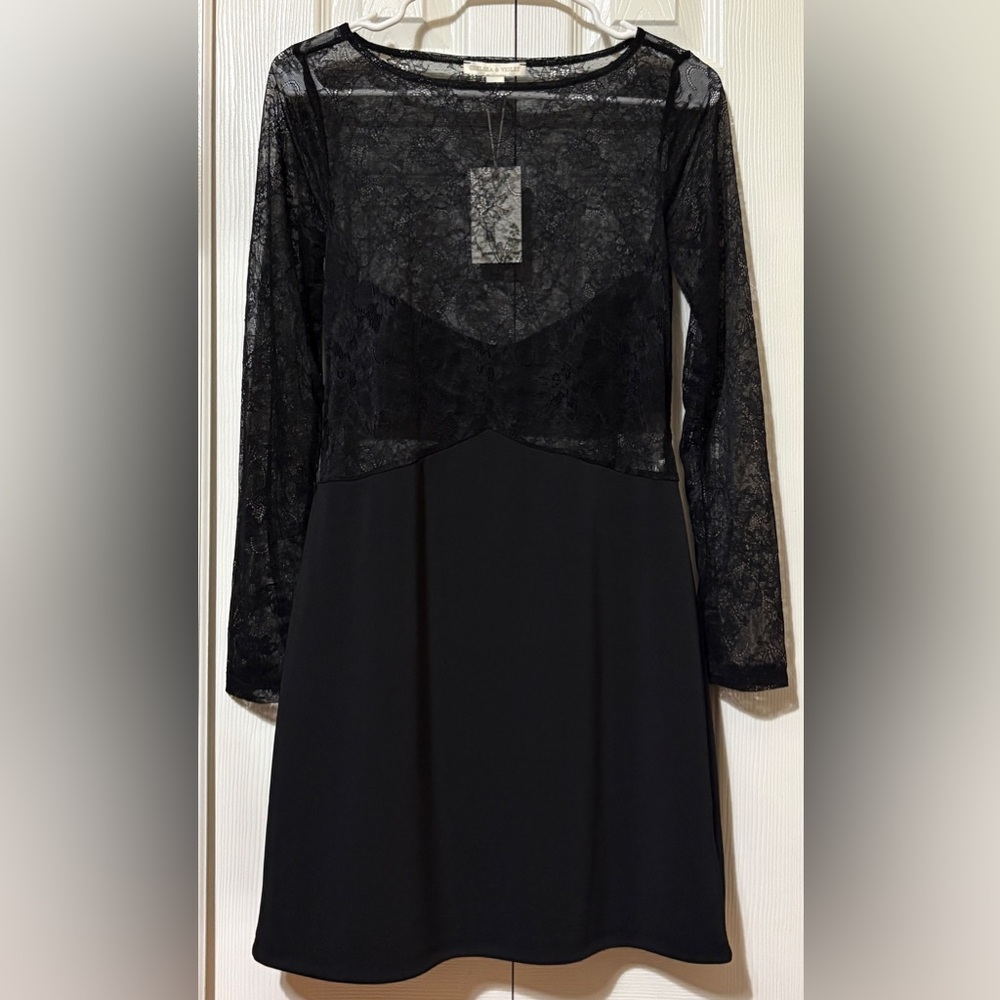 Chelsea Violet Lace Boat Neck Long Sleeve Bodycon Mini Dress Black Small NWT